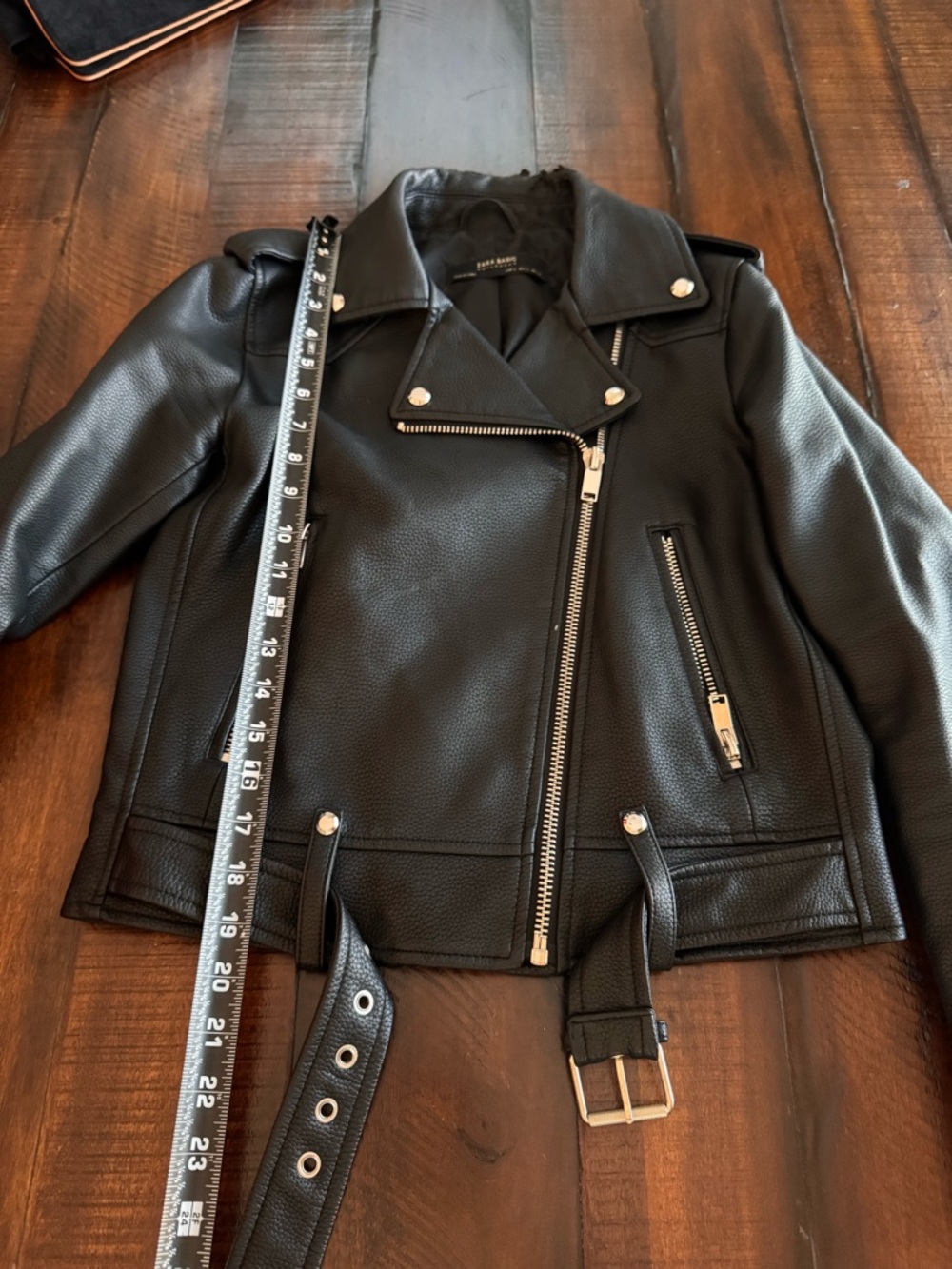 ZARA Basic Faux Leather Moto Jacket Black Belted Biker Style - Picture 7 of 12